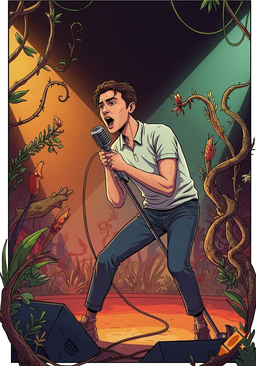 2D illustration of a young male singer performing passionately on a stage, surrounded by lush wild nature, plants, and vines.