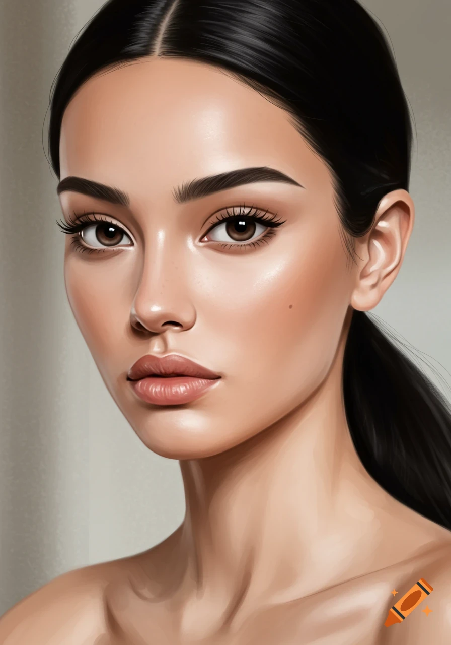 Stylized digital portrait of a beautiful woman with dark hair pulled back, large brown eyes, arched eyebrows, and full lips, looking forward.