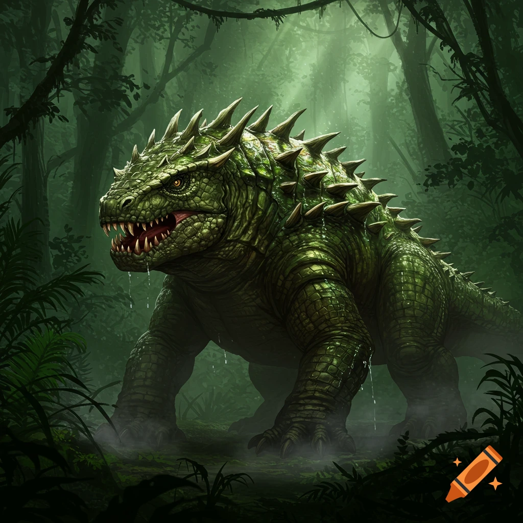 A menacing green spiky reptilian beast with sharp teeth stands in a dark, misty jungle, digital fantasy art.