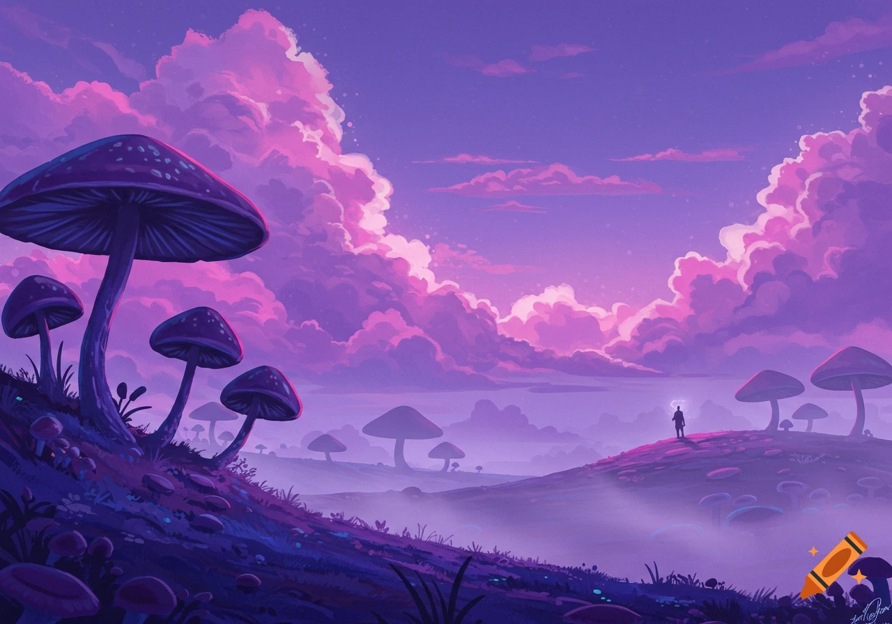 Digital art of a fantasy landscape with large purple mushrooms, a person on a hill, and a vibrant pink and purple sky.