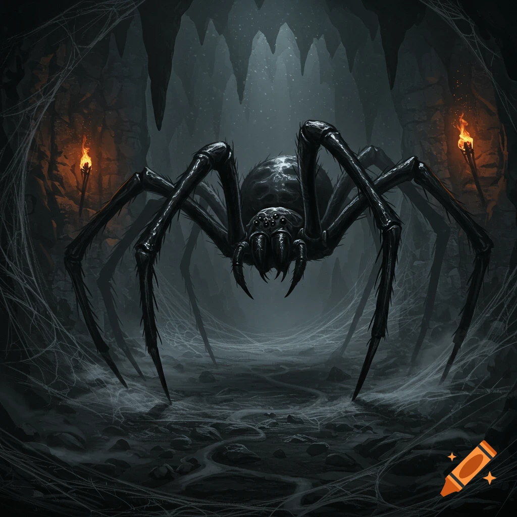 A large, black, menacing spider with multiple eyes in a dark, web-filled cave lit by two torches.