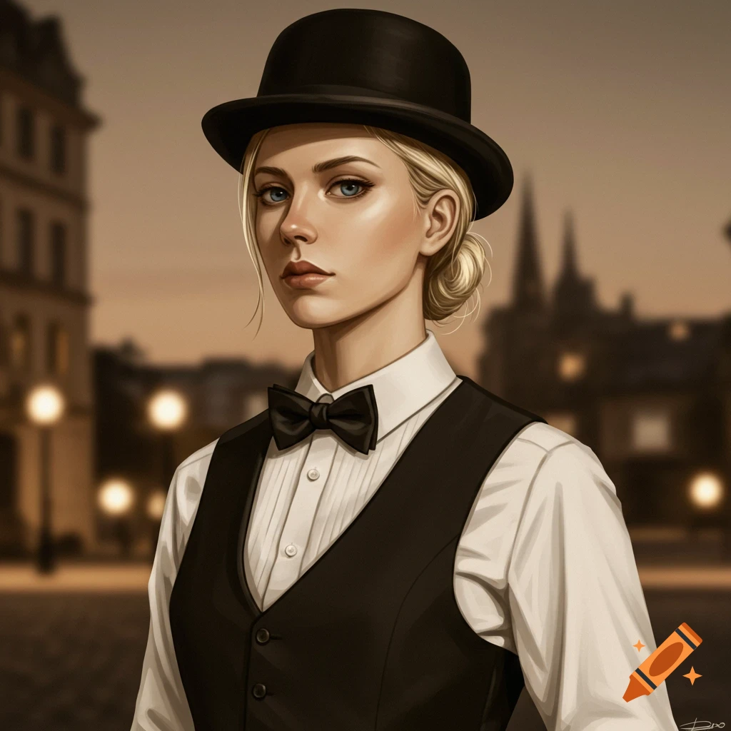 A blonde woman in a black bowler hat, white shirt, and black waistcoat with a bow tie, standing on a street.