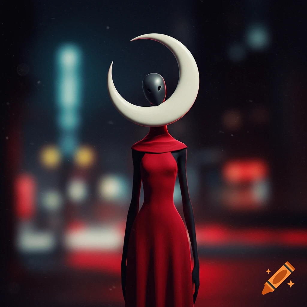 A minimalist stylized figure with a crescent moon headpiece and a flowing red dress stands against a blurry cityscape at night.