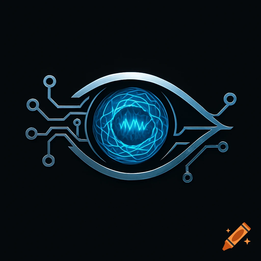 A stylized metallic eye logo with circuit board elements on the eyelids and a glowing blue orb as the iris, containing a pulsating waveform.
