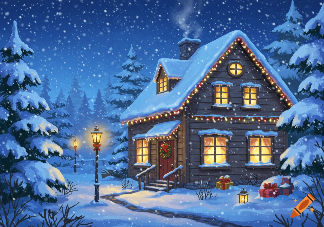 An illustrated snowy Christmas house adorned with festive lights and a wreath, surrounded by snow-covered pine trees and glowing lanterns at night.