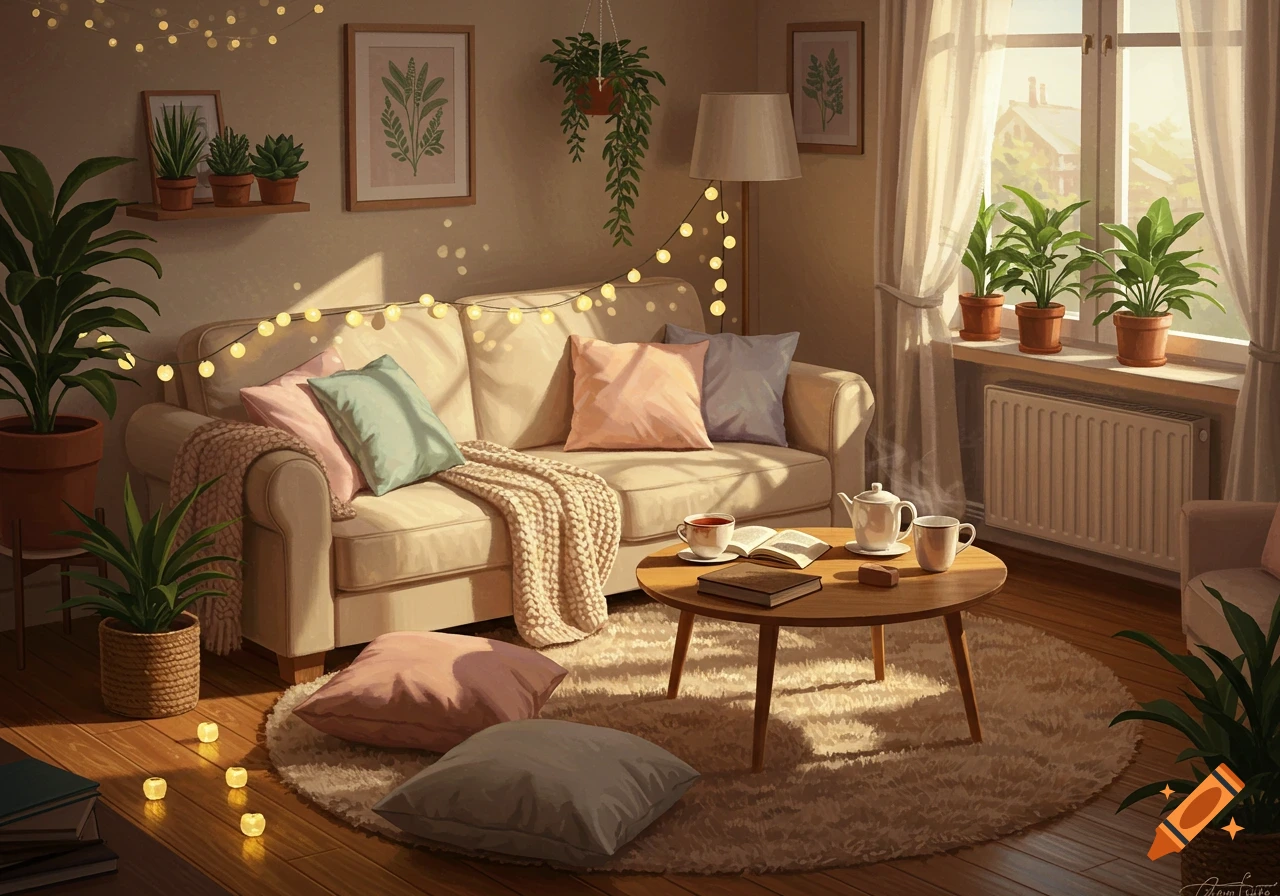 A warm, cozy living room with a cream-colored sofa, pillows, and a knitted blanket. Potted plants are arranged around the room and on a window sill, bathed in soft sunlight. String lights illuminate the space.