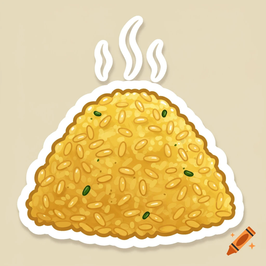 A stylized sticker illustration of a steaming mound of yellow rice with green specks on a light beige background.