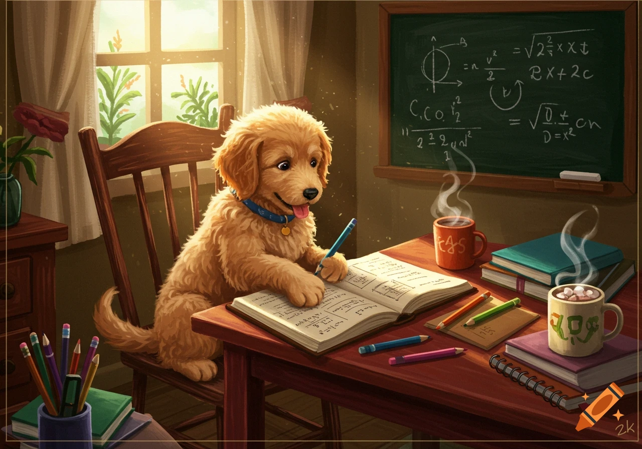 A fluffy golden puppy with a blue collar sits at a desk, writing in a notebook. A blackboard with math equations and steaming mugs are on the table in a sunlit room. Illustration style.