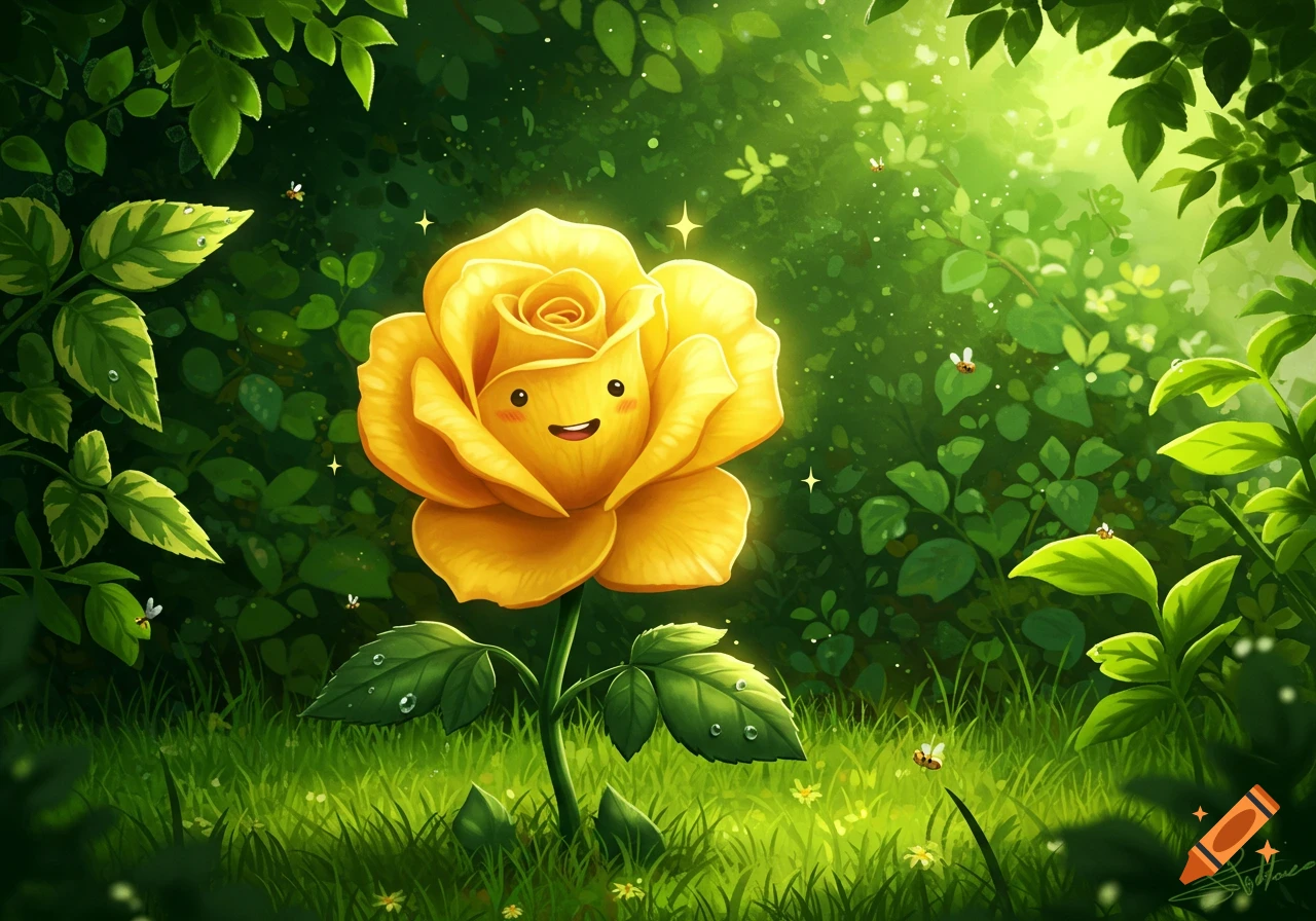 A vibrant, whimsical cartoon yellow rose with a happy face glows in a lush green garden with bees and sparkling light.