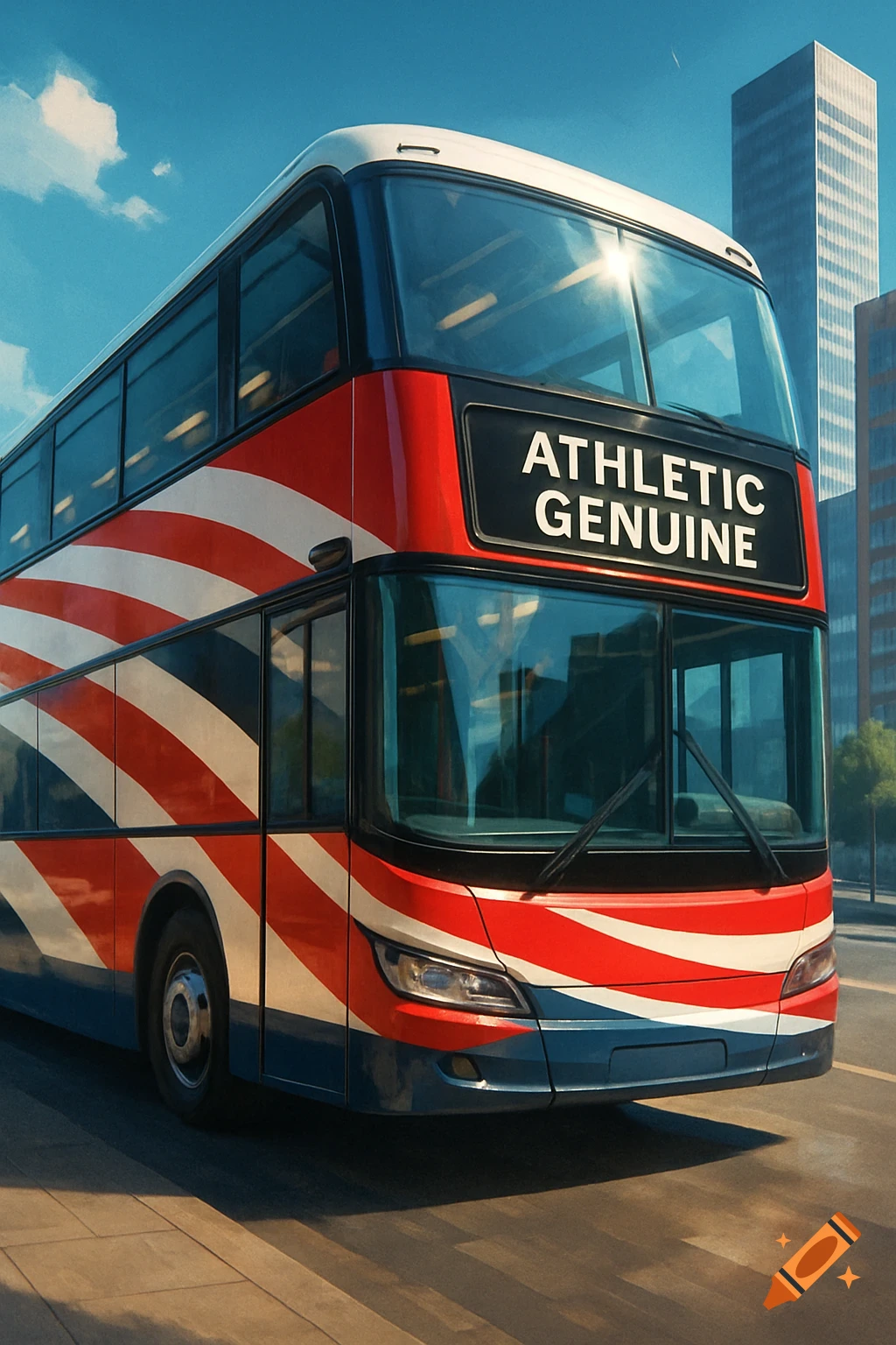 A modern red, white, and blue double-decker bus with "ATHLETIC GENUINE" on its sign drives through a city.