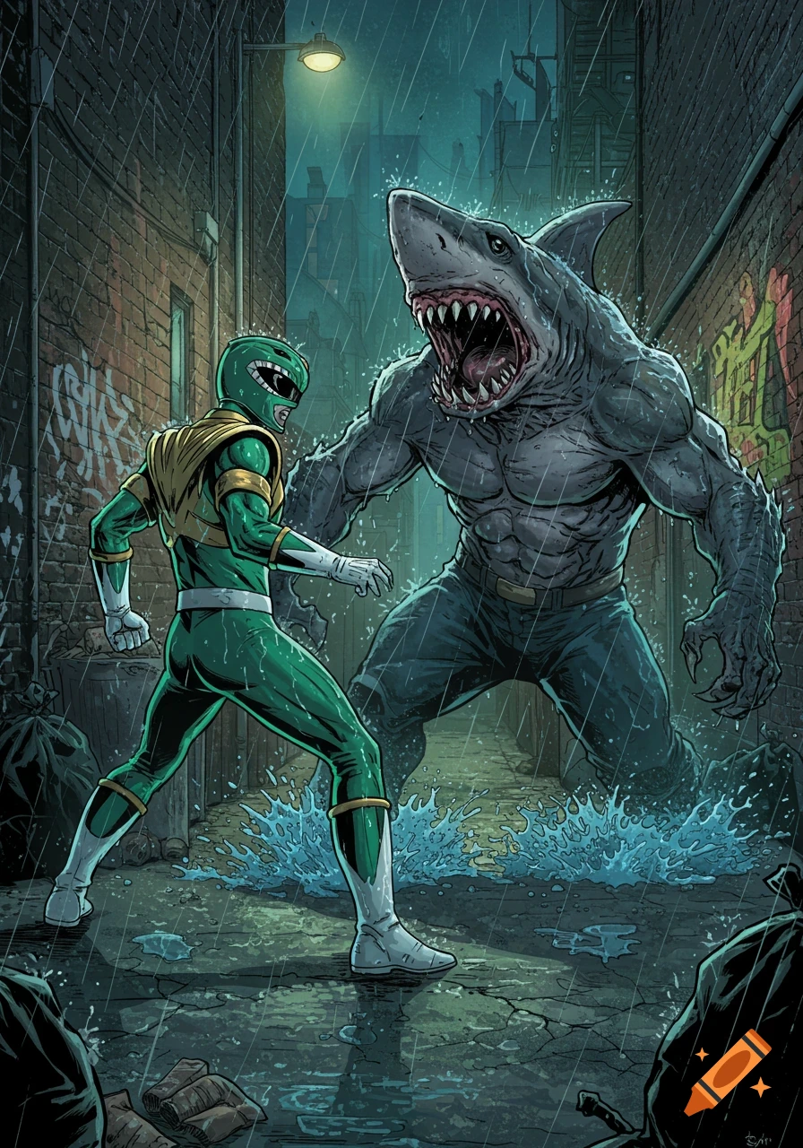 Green Power Ranger battling a muscular shark creature in a dark, rainy alley with graffiti, in a comic book style.