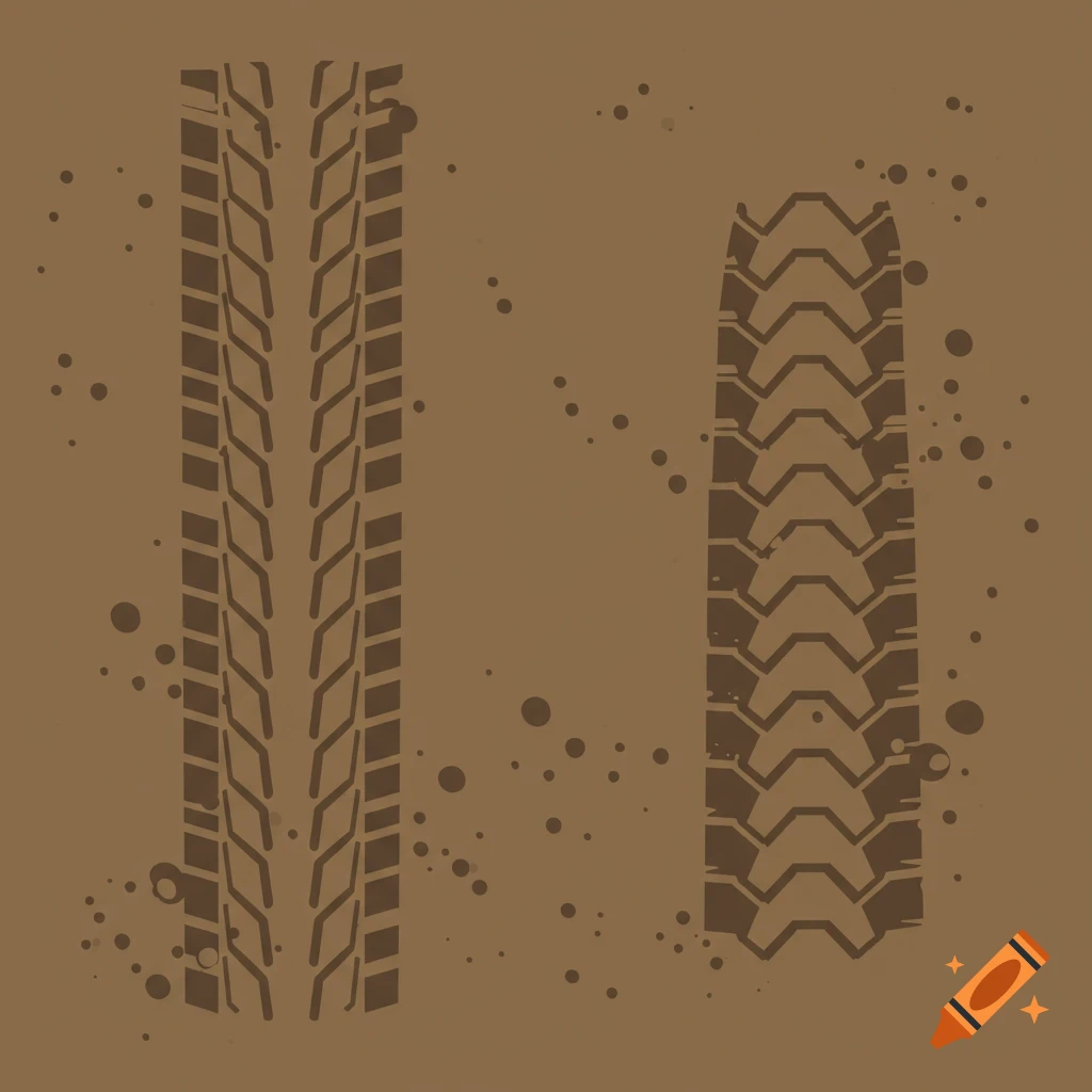 Two distinct vehicle tire tracks in brown mud with splatters, vector illustration.