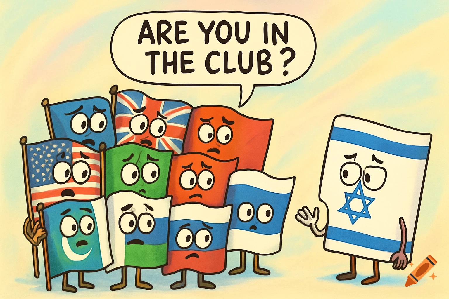 Cartoon flags of various countries look worriedly at a solitary Israeli flag, which asks, 'Are you in the club?'
