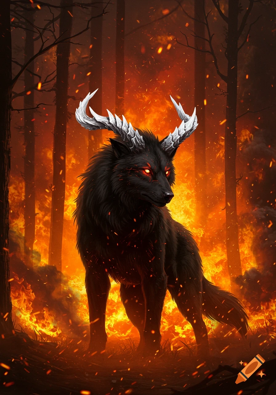 A black hellhound with glowing red eyes and white horns stands in a burning forest with orange flames and embers.