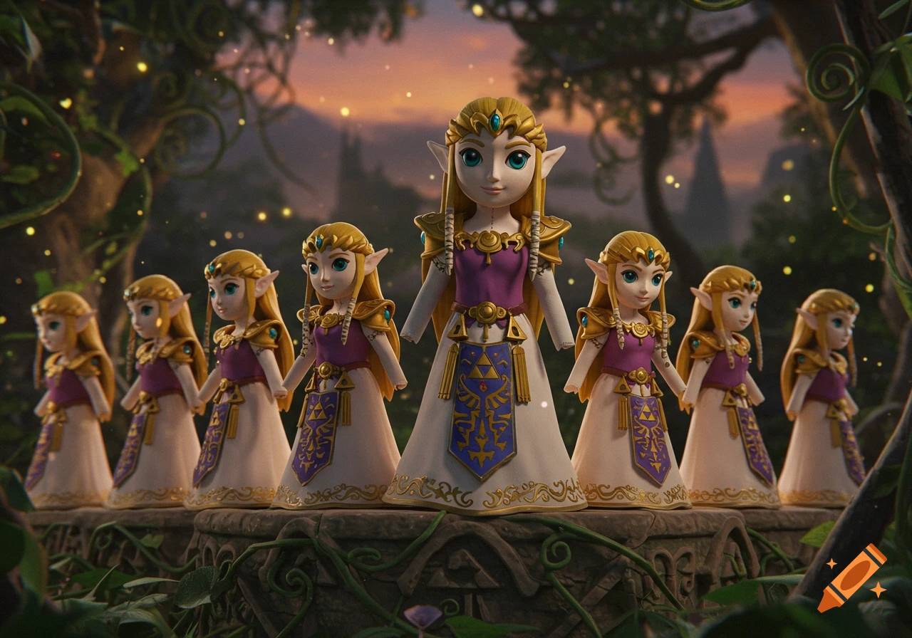 Seven stylized Princess Zelda dolls stand on a mossy stone ledge in an enchanted forest with glowing fireflies at sunset.