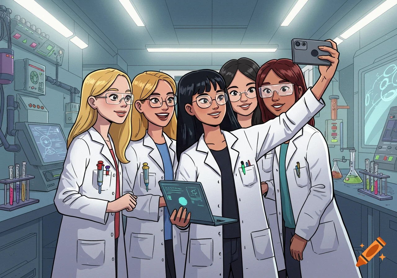 Cartoon illustration of five women in lab coats taking a selfie in a science lab, one holding a laptop.