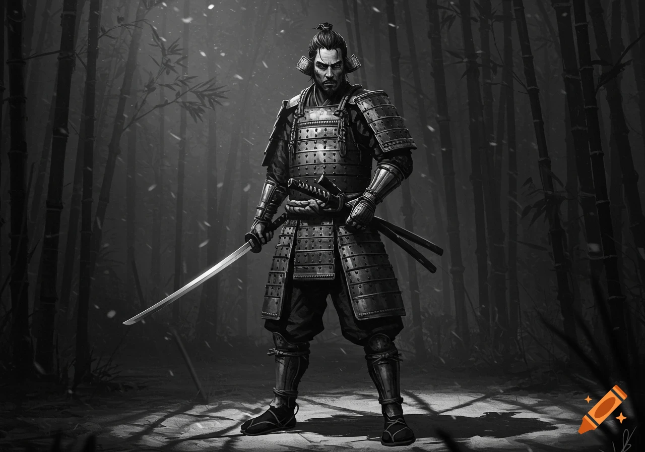 A high-contrast black and white illustration of a samurai warrior holding a katana in a bamboo forest.