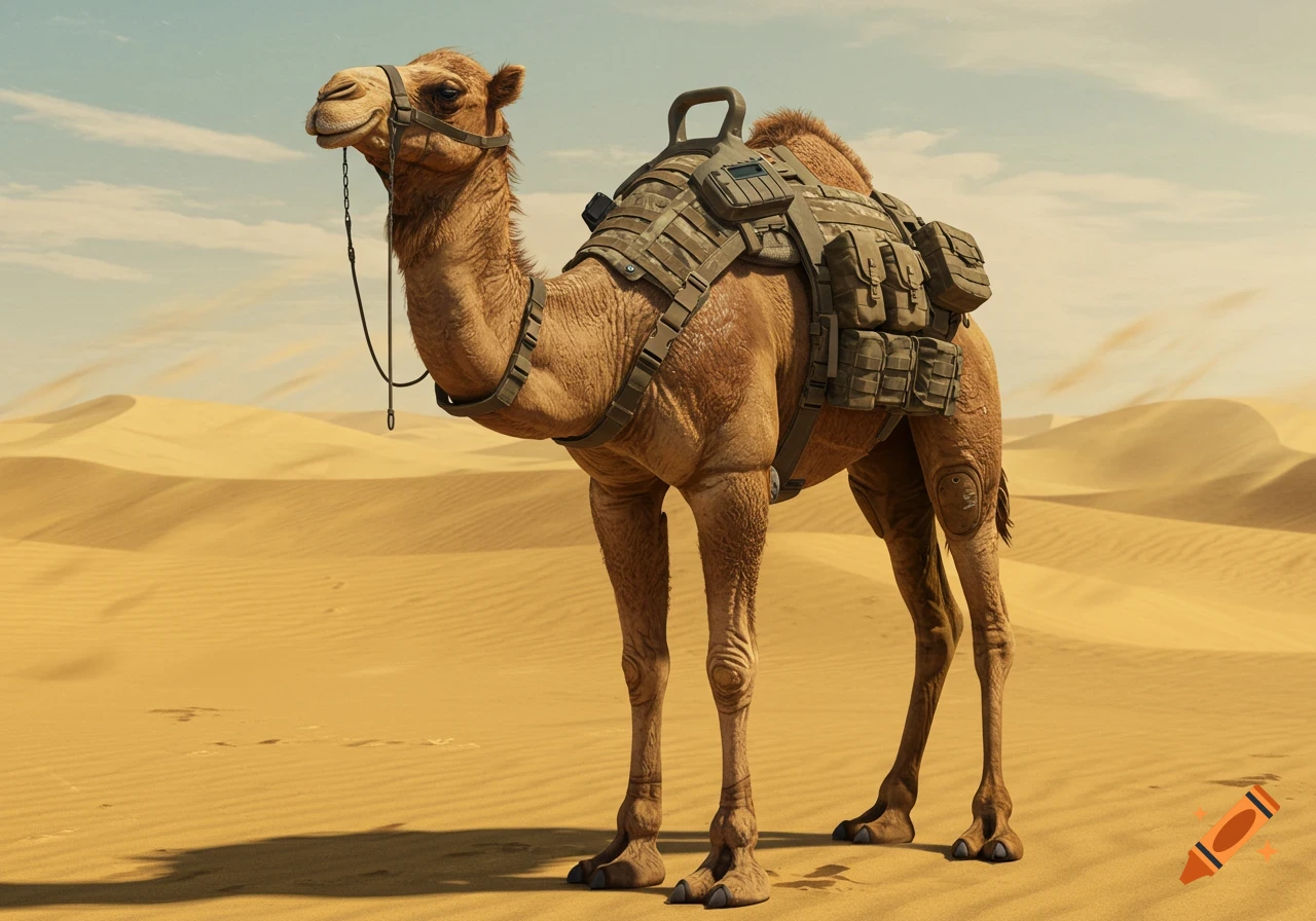 Photorealistic camel in military tactical gear stands in a sunny desert.