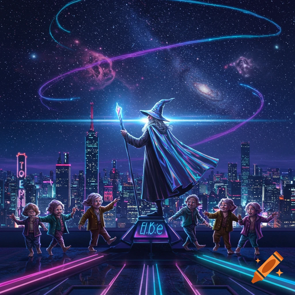 A new wave Gandalf and hobbits dance on a neon-lit skyscraper rooftop under a galaxy and star-filled sky, with a futuristic city skyline in the background.