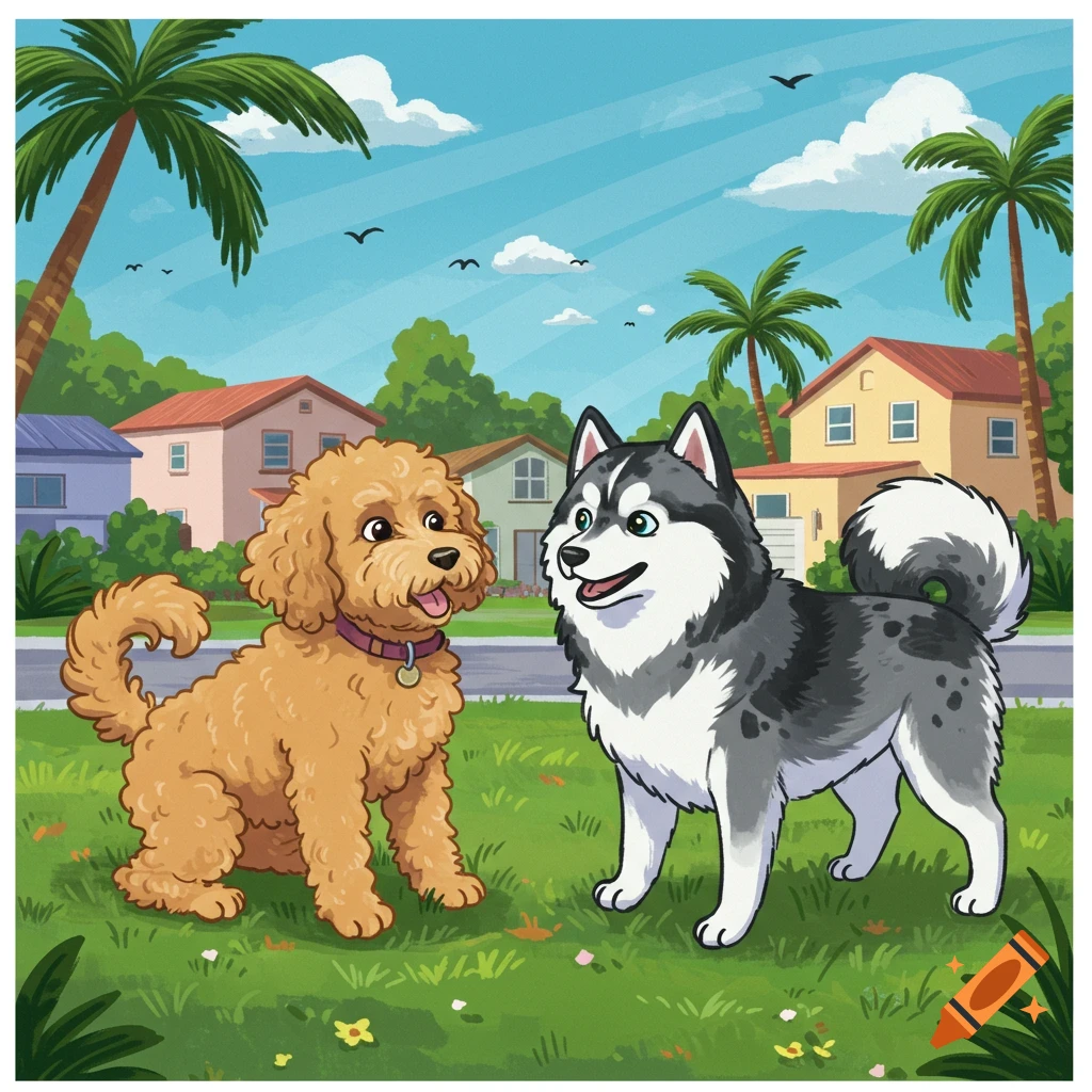 A cartoon golden mini goldendoodle and a gray pomsky dog sit smiling on grass in a sunny suburban neighborhood with houses and palm trees.