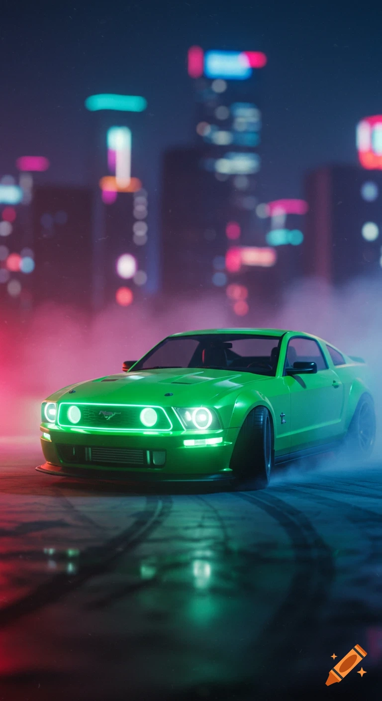 A glowing green neon Mustang GT drift car on a wet, smoky city street at night, with blurred colorful neon lights in the background.