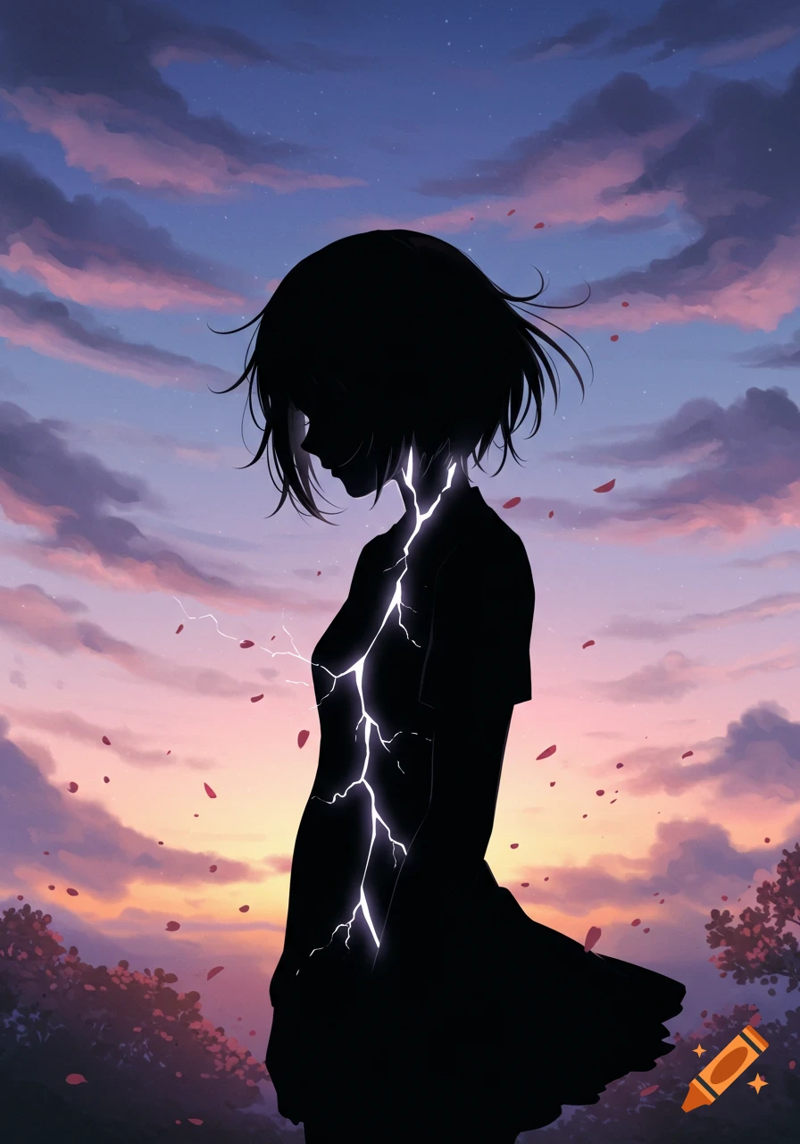 Anime girl silhouette with short hair and a glowing crack down her torso, looking sad against a vibrant sunset sky with clouds and petals.