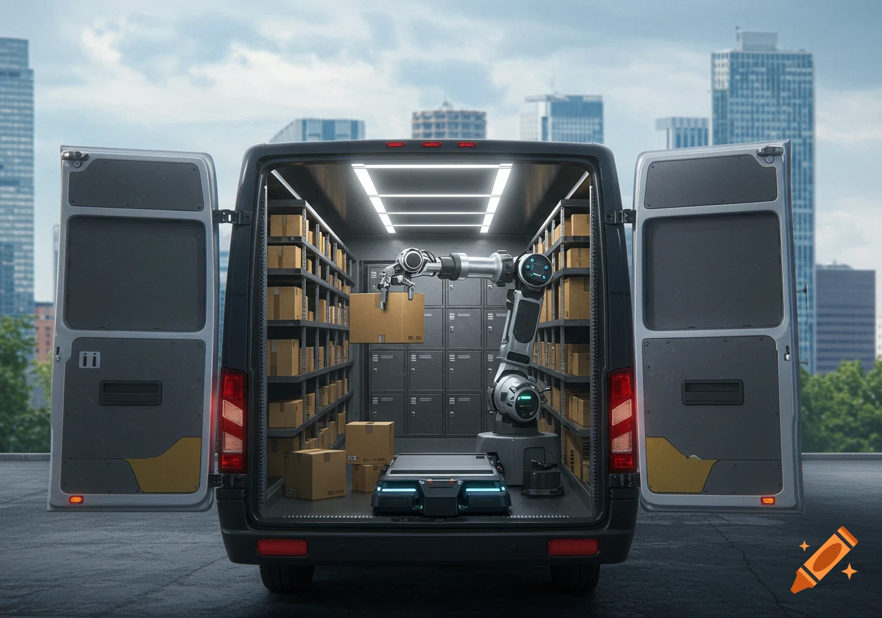 Photorealistic image of a futuristic delivery van with its back doors open, revealing a robot arm inside organizing packages on shelves.