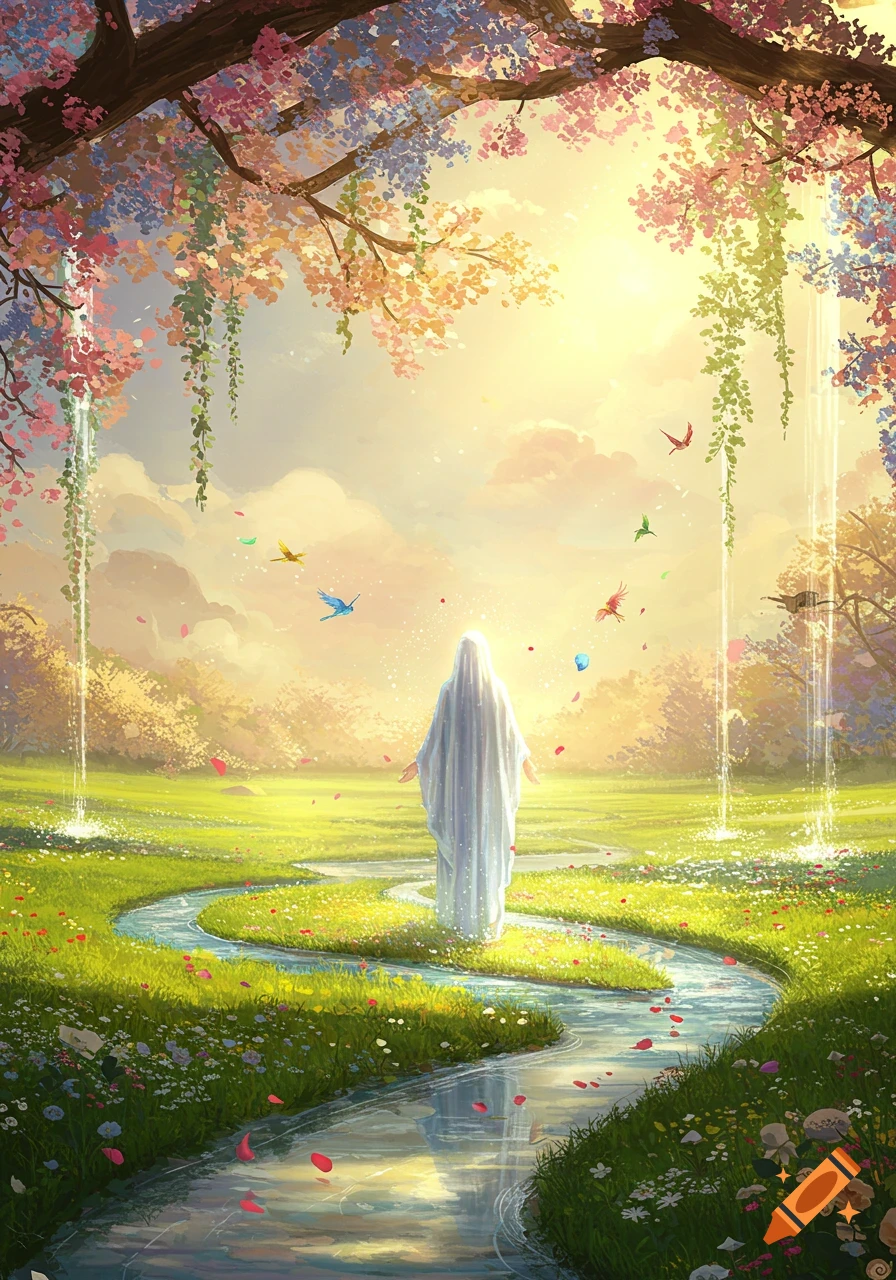 Ethereal painting of a robed figure in a vibrant green meadow with a winding river, blooming trees, and golden sunlight.