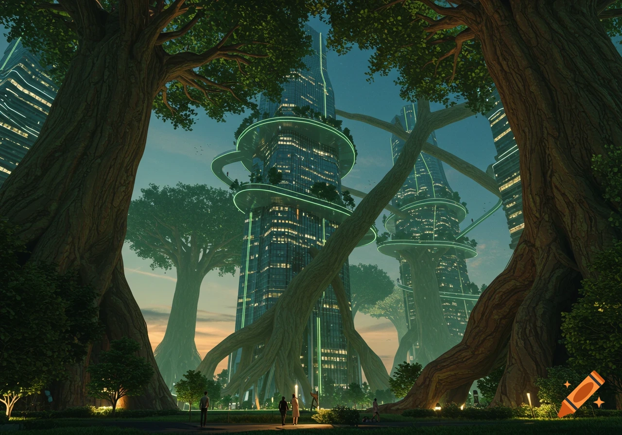 A futuristic cityscape with glowing skyscrapers intertwined with massive ancient trees in a park at dusk.