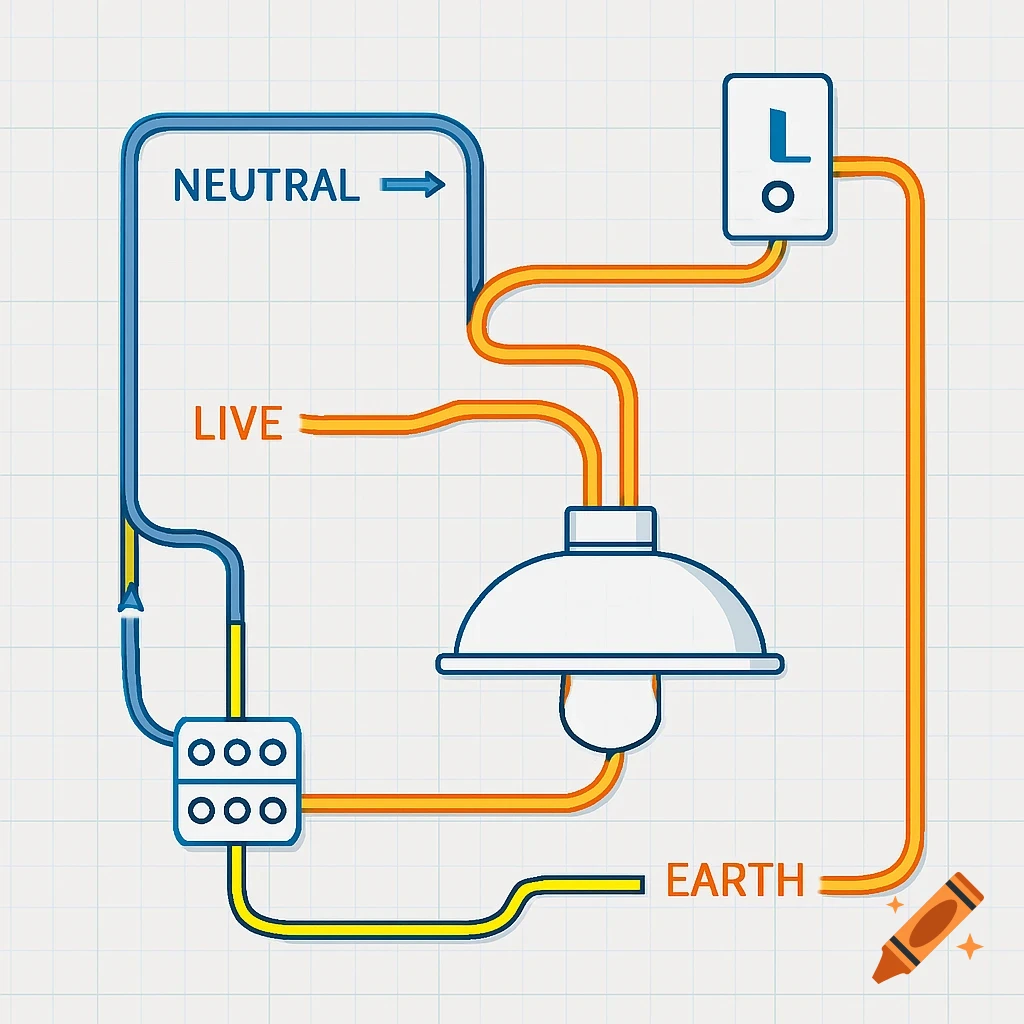 A colorful technical diagram illustrating the wiring of a lighting point with live, neutral, and earth connections.