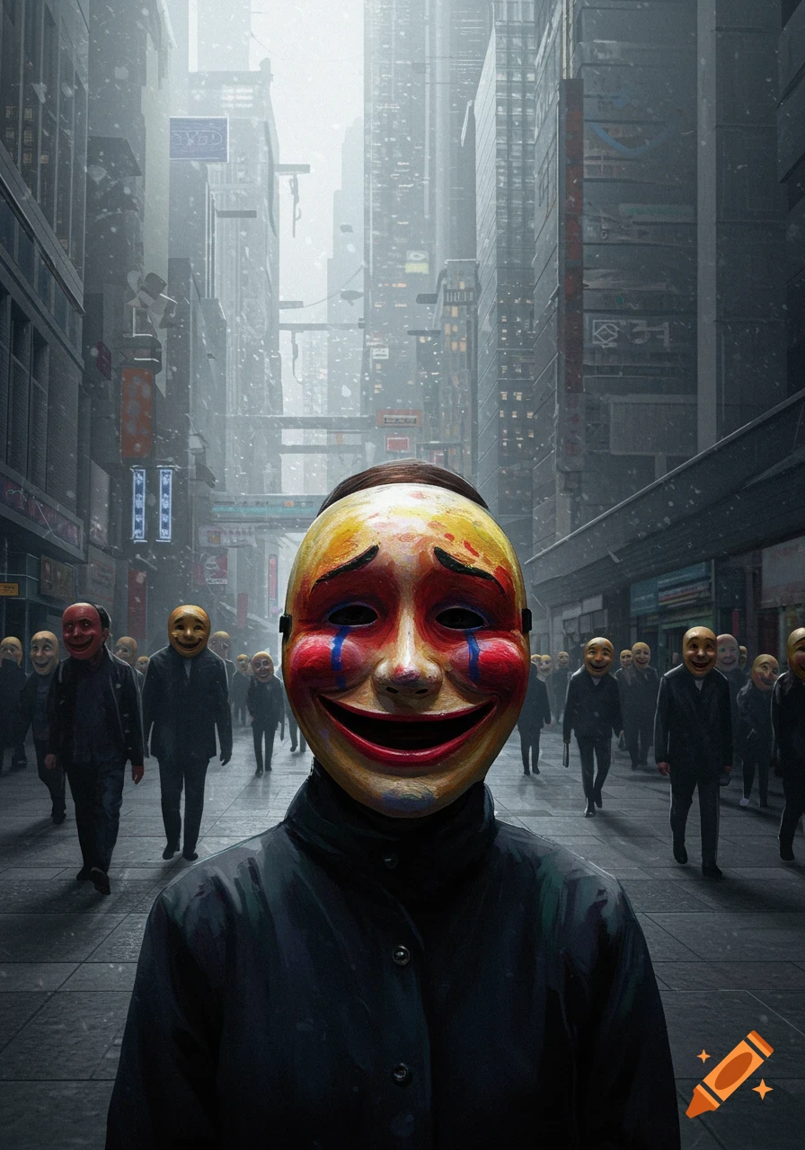 A person in a yellow and red mask, half happy, half crying, stands on a snowy urban street with other masked figures.