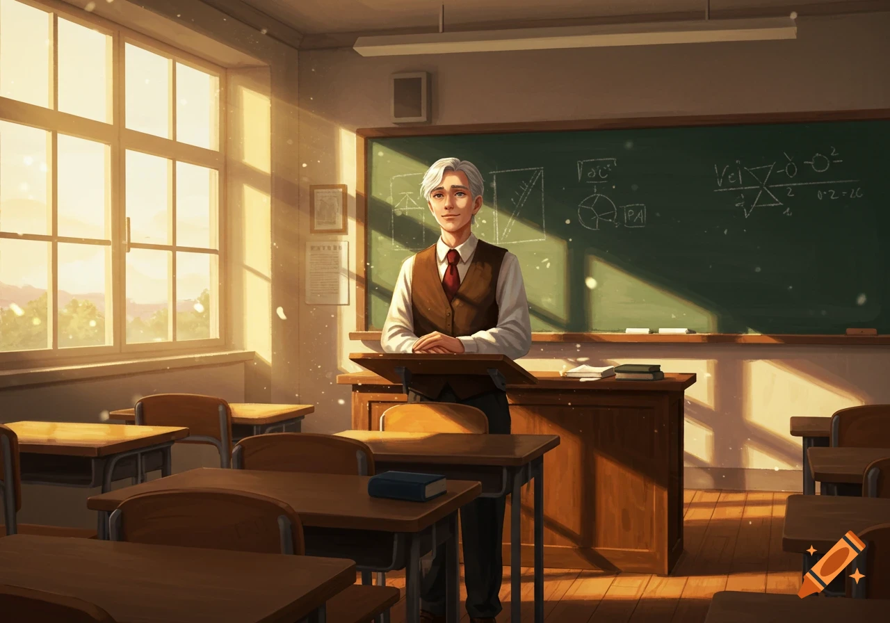 Anime illustration of a male teacher with white hair standing at a podium in a sunny classroom with a blackboard.
