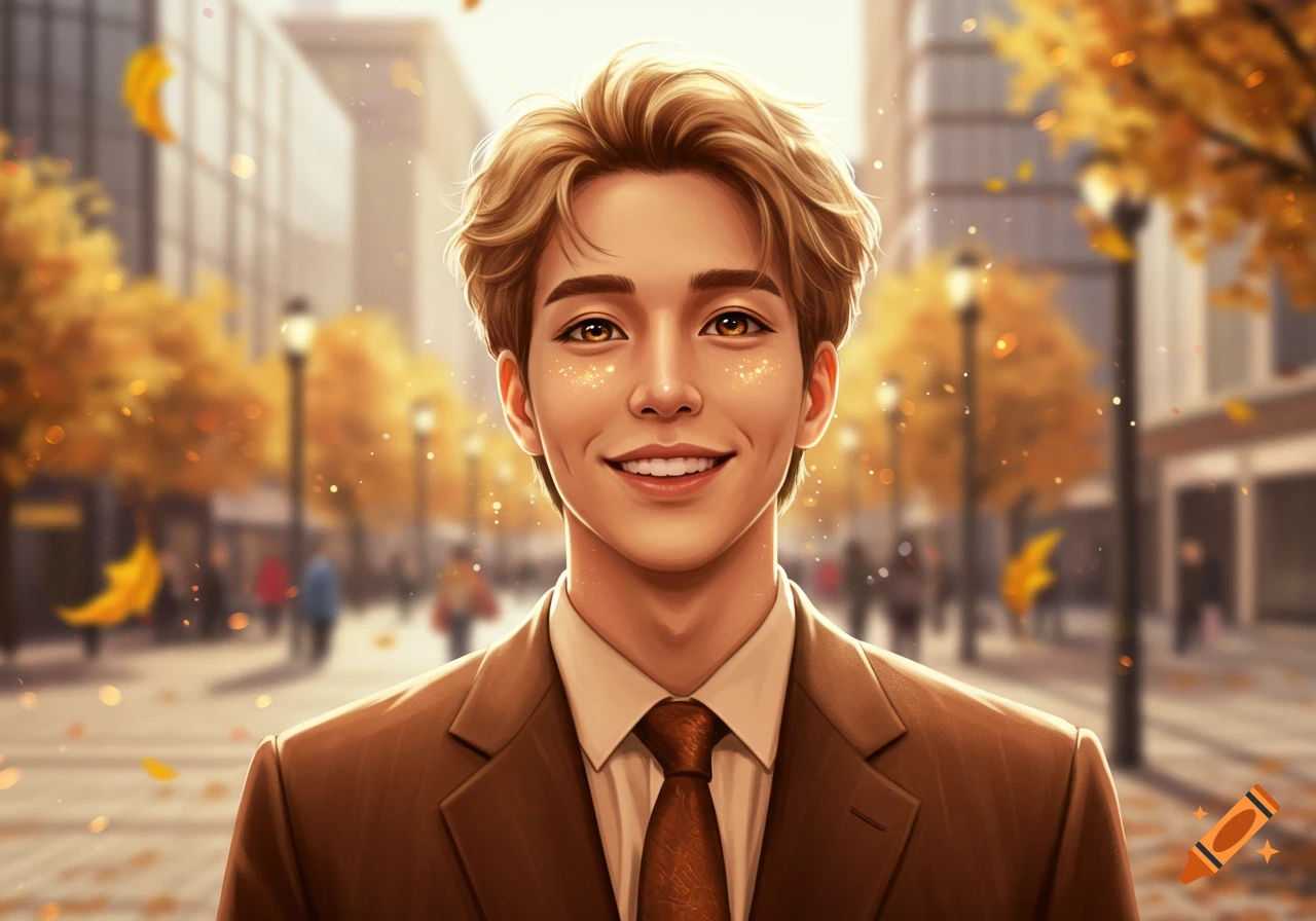A smiling anime-style man with sandy blond hair and hazel eyes, wearing a brown suit, standing on an autumn city street.
