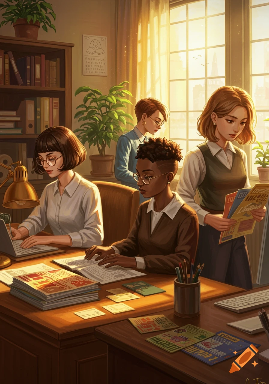 Four women with different hairstyles and glasses are working in a sunlit office, one typing on a laptop, another looking at papers, and a third holding magazines, in a detailed illustration.
