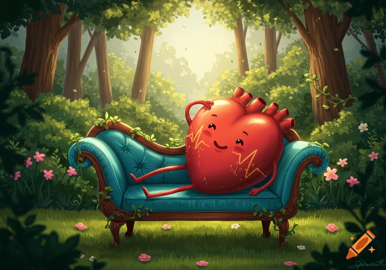 A happy cartoon heart character with small limbs lounges on a blue chaise in a bright, green forest clearing with pink flowers.