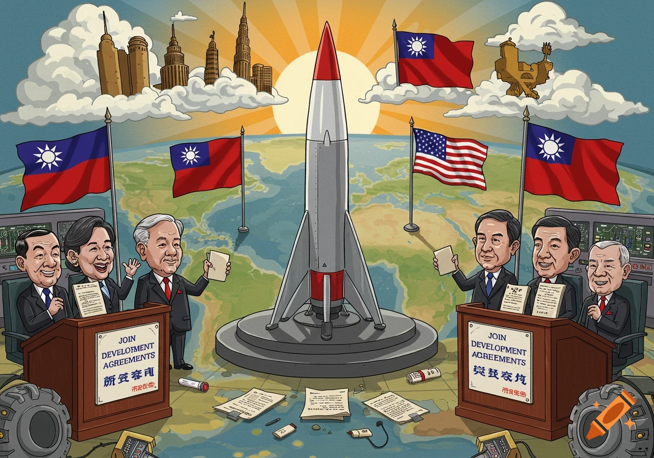 A political cartoon showing world leaders and a missile, with Taiwanese and American flags, symbolizing a joint development agreement.