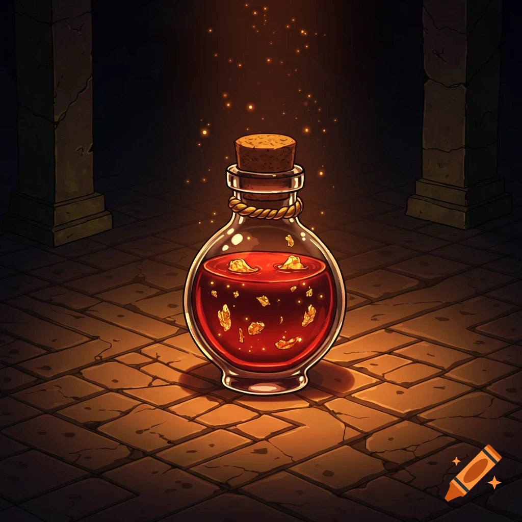 A glowing red potion bottle with gold flakes sits on a stone labyrinth floor in dark fantasy cartoon art.