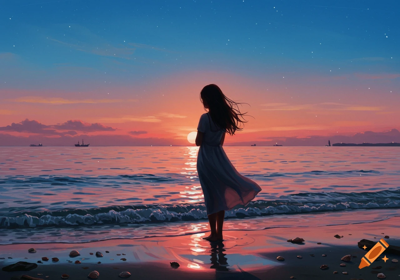 A person stands on a beach looking out at the ocean during a vibrant sunset, stylized illustration.