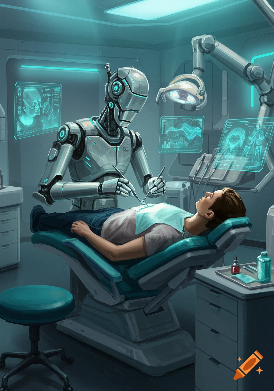 A futuristic robot dentist with glowing blue accents operates on a human patient in a high-tech medical room with holographic screens.