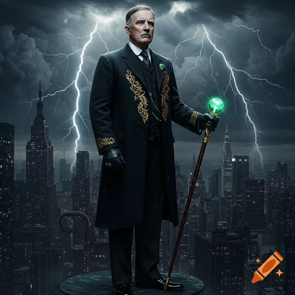 A stern man in a black and gold embroidered coat, holding a glowing green staff, stands on a rooftop overlooking a dark cityscape with lightning.