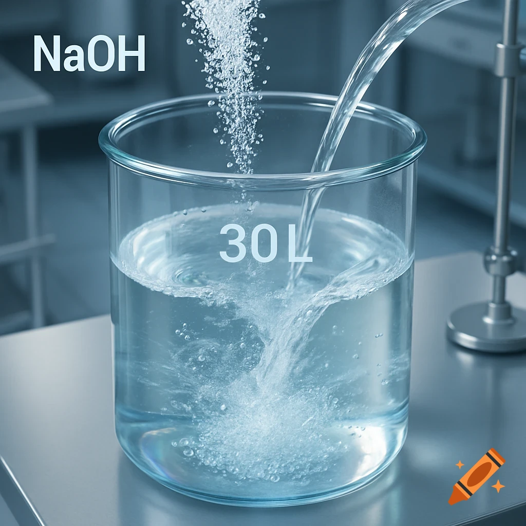 Water and NaOH being poured into a 30L beaker in a laboratory, photorealistic.