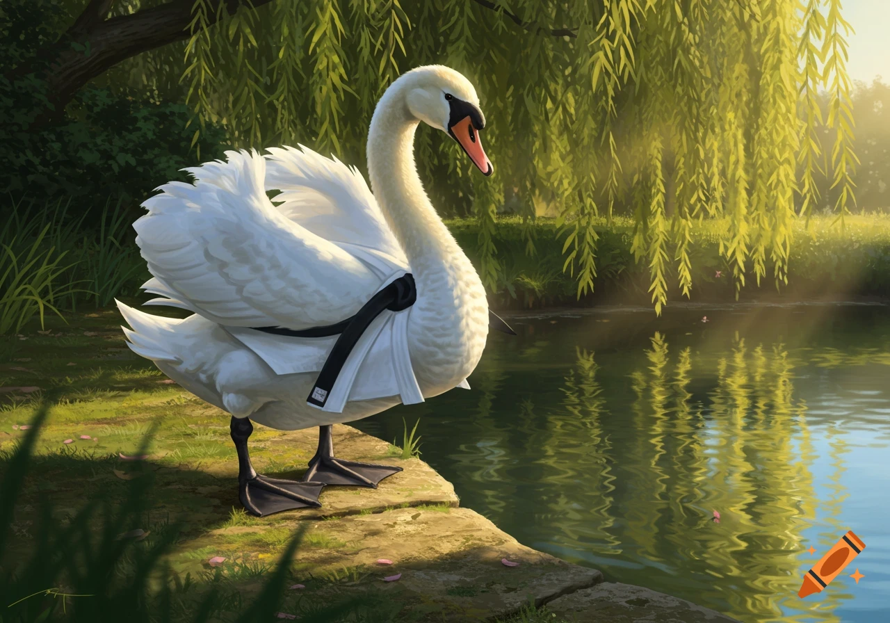 A swan wearing a white judogi and black belt stands by a tranquil pond under a willow tree in warm sunlight.