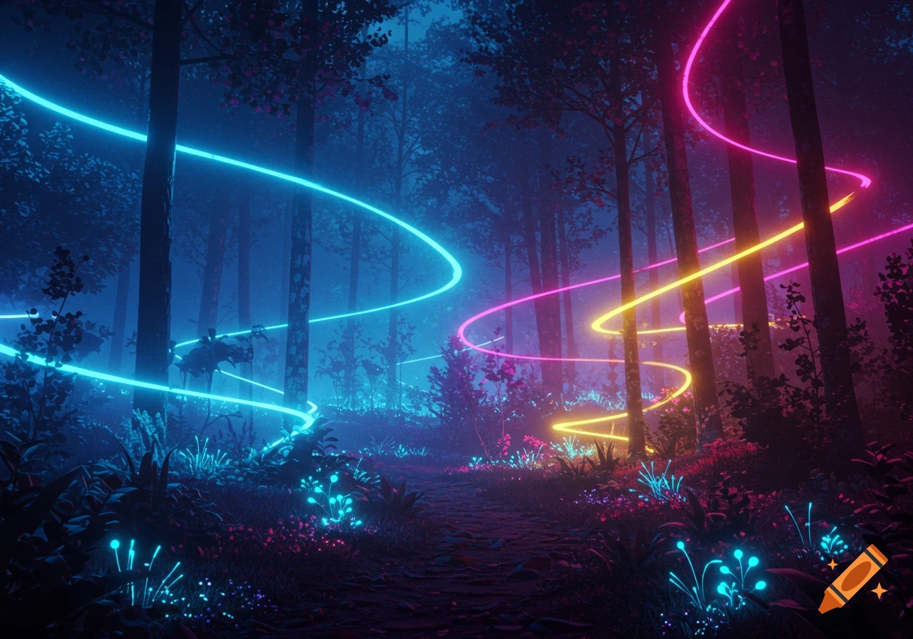 A dark, mystical forest path illuminated by glowing blue, pink, and yellow neon light trails and luminous plants.