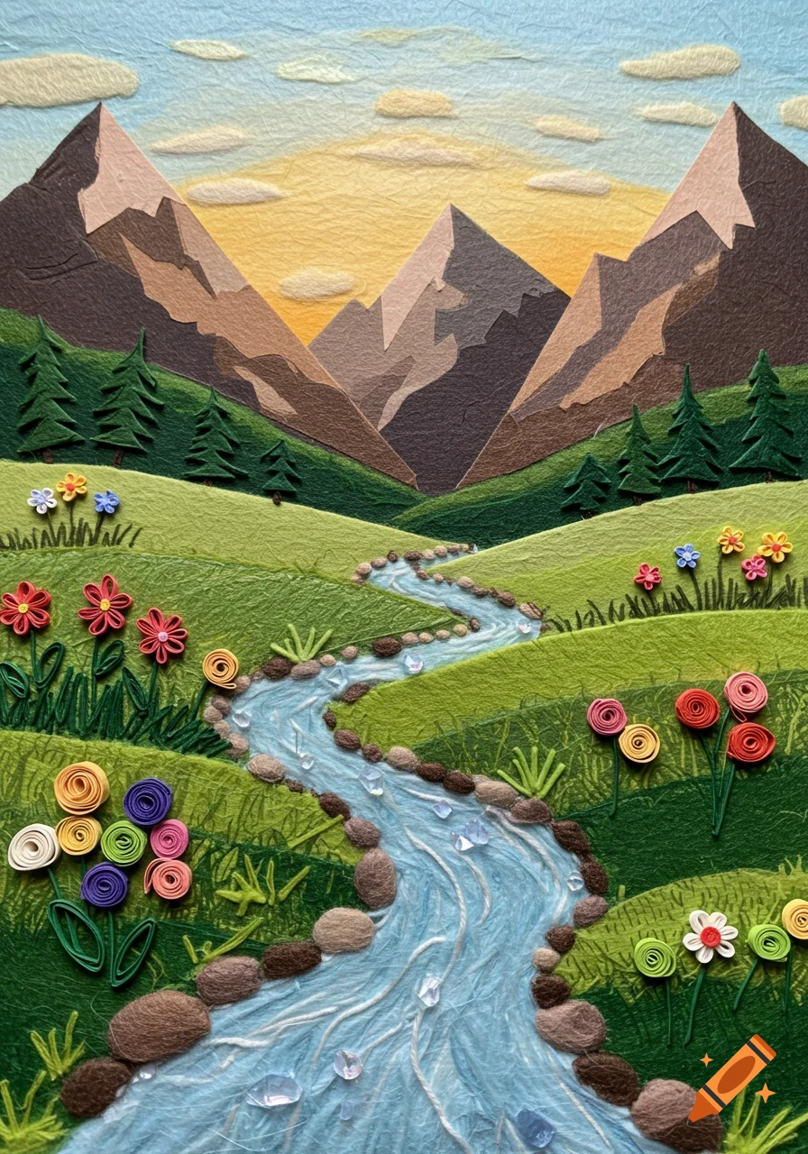 Textured papercraft mountain landscape with a winding yarn stream, green meadow, and quilled paper flowers under a sunrise.