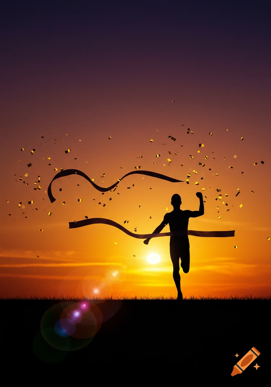 Runner silhouette breaking a finish line ribbon at sunset with confetti.