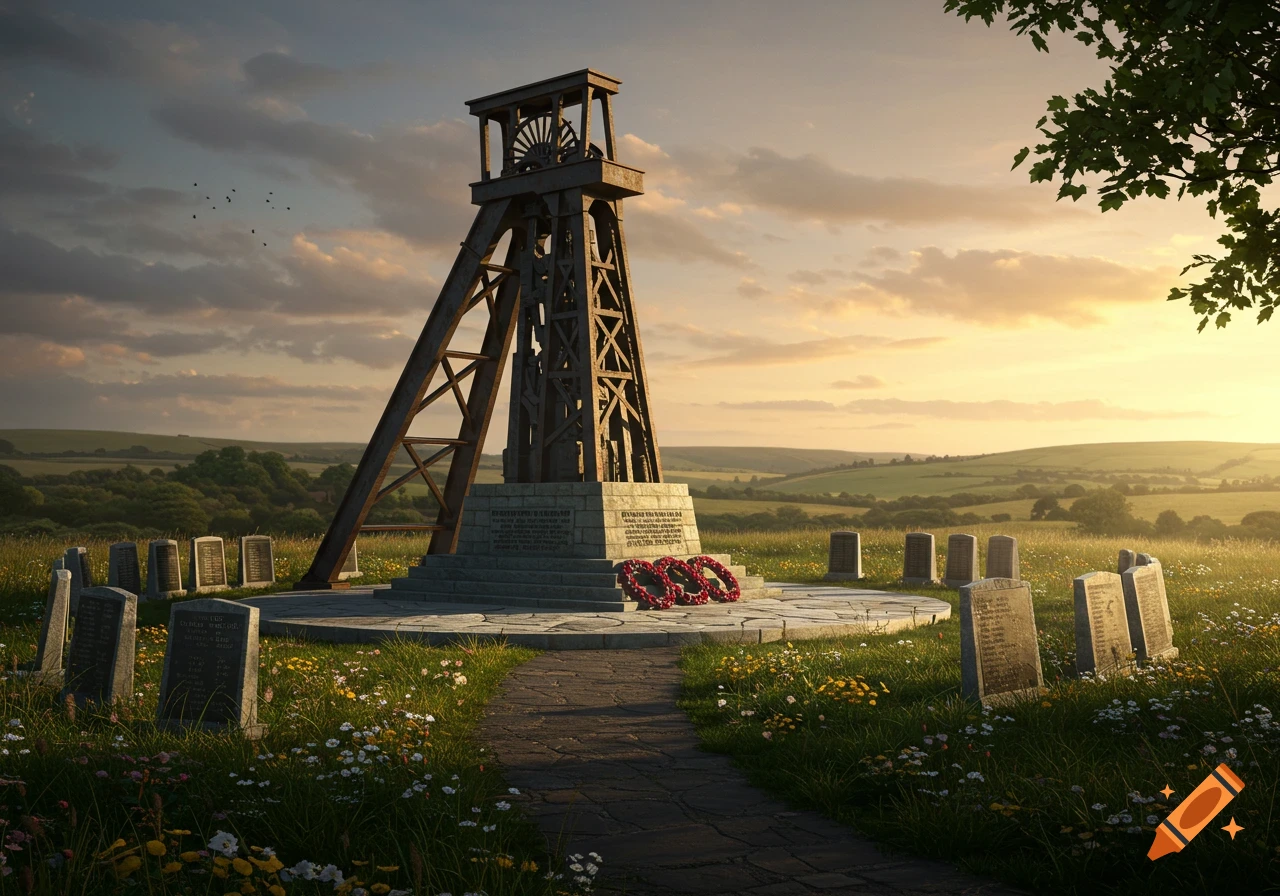 Photorealistic image of a mining memorial: a large wooden headframe monument surrounded by gravestones and red wreaths in a grassy field at sunset.