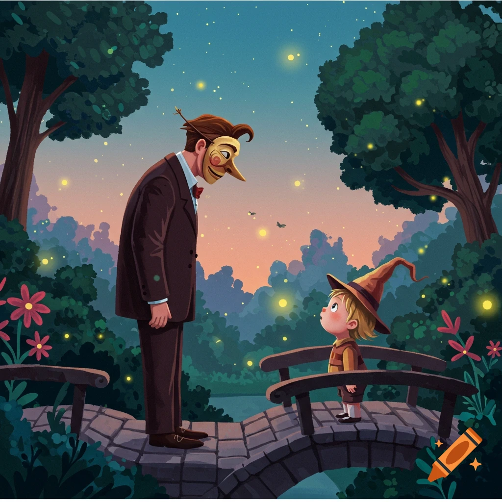 A masked man in a suit and a child in a witch hat stand on a stone bridge, looking at each other in a magical, firefly-lit cartoon forest.