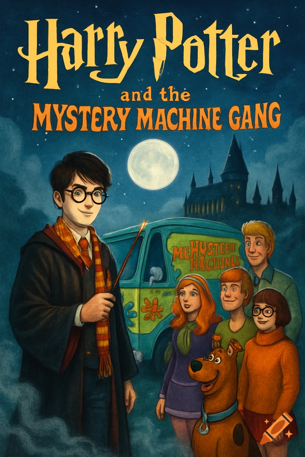 A book cover depicting Harry Potter and the Scooby-Doo gang standing in front of the Mystery Machine van at night with Hogwarts in the background. The title reads 'Harry Potter and the Mystery Machine Gang'.