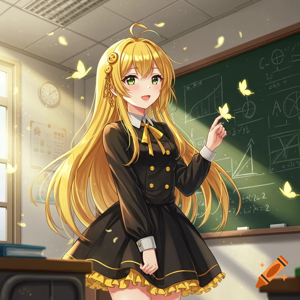An anime girl with long blonde hair, green eyes, wearing a black dress with yellow accents, smiles in a sunny classroom with glowing butterflies.