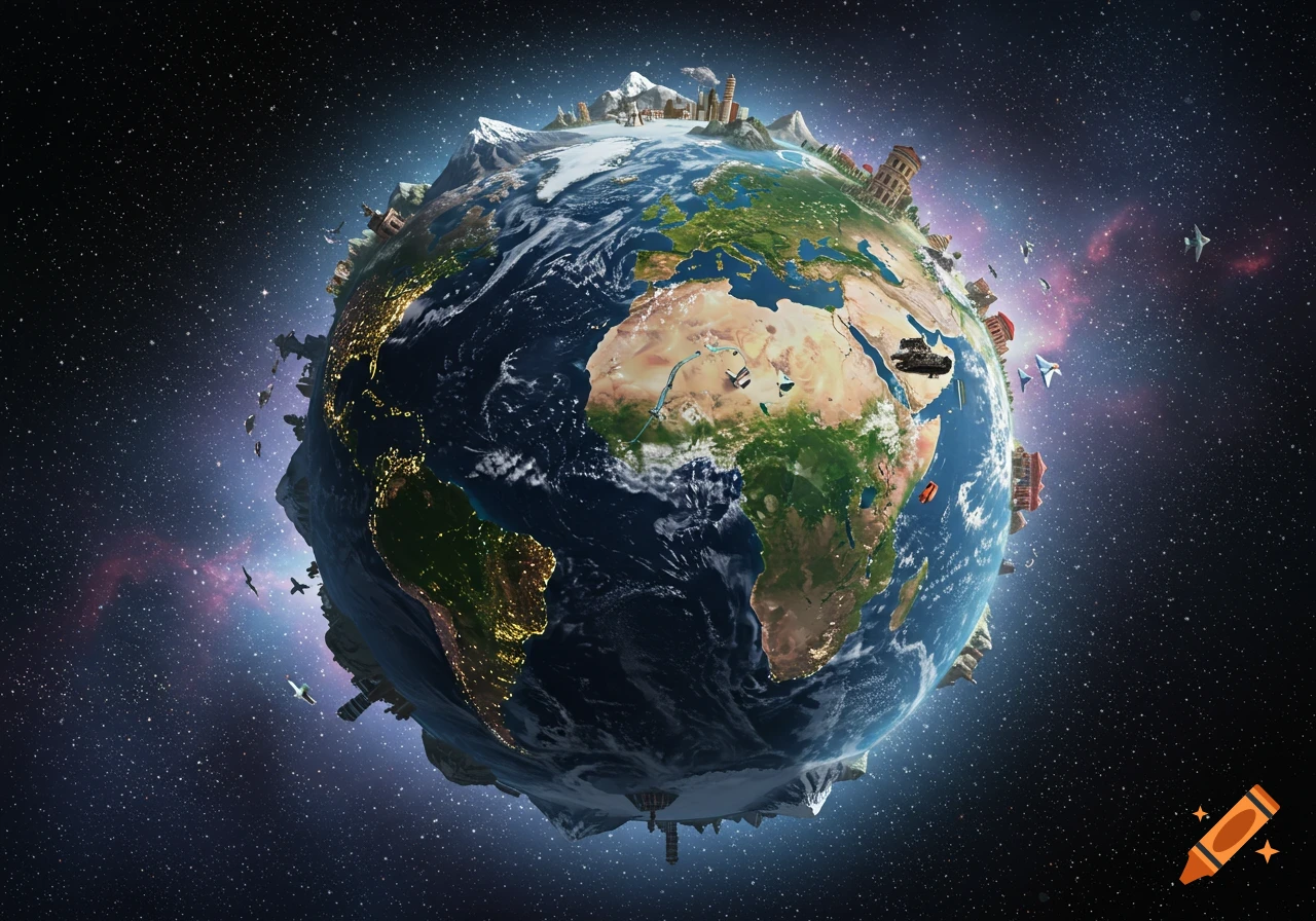 Stylized Earth from space, with global landmarks and travel icons on its surface, against a starry background.